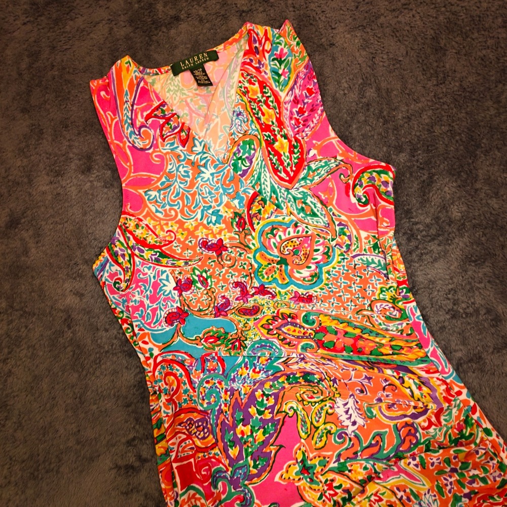 Lauren Ralph Lauren Pink Orange Paisley Faux Wrap Sleeveless Dress XS